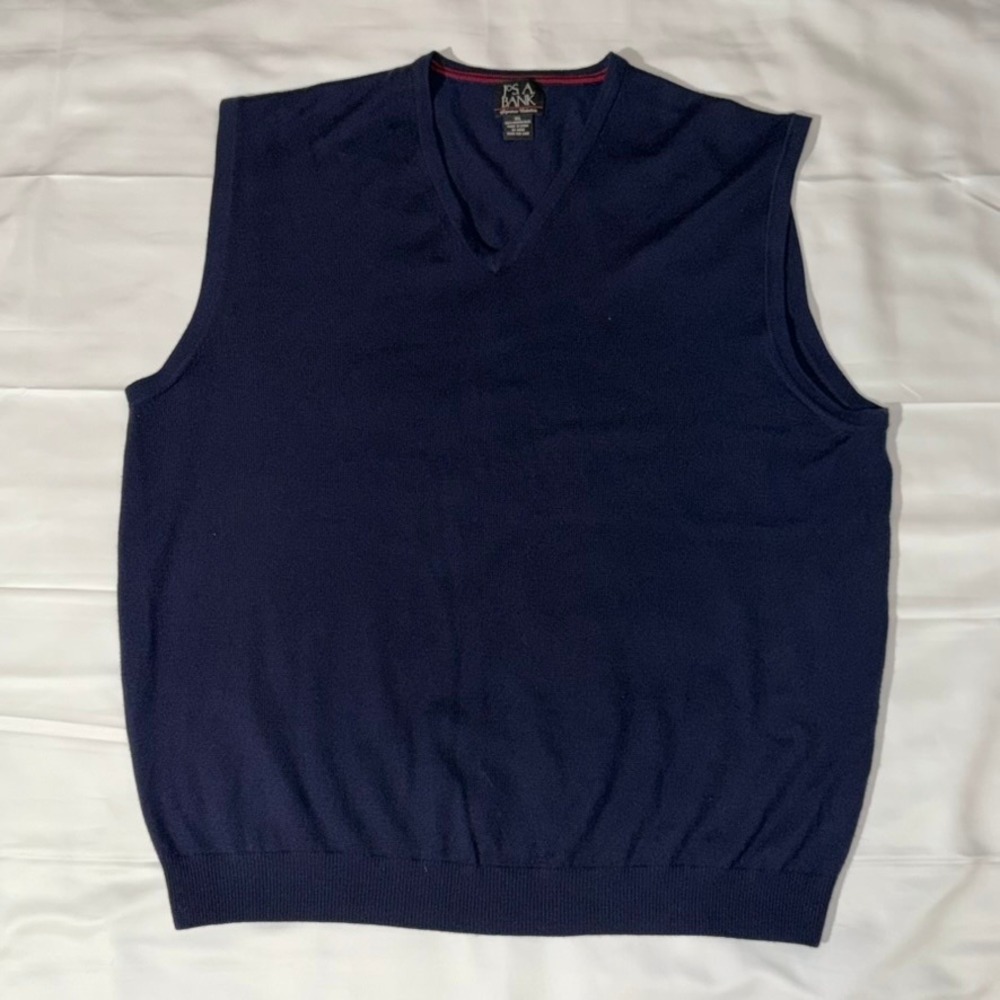 Jos A Bank Sweater Vest Mens XL Navy Blue 100% Merino Wool V-Neck Signature Golf